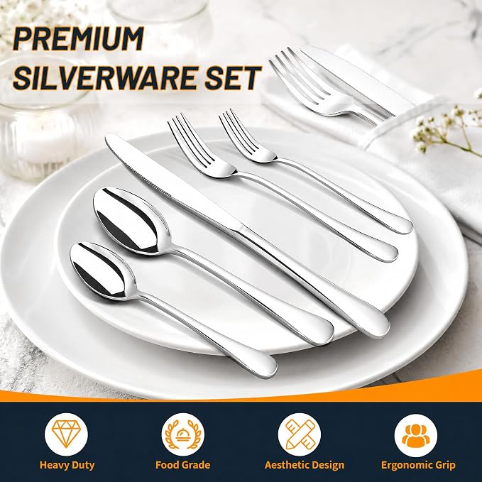 NICE KITCHEN 60 Piece Silverware Set for 12,Stainless Steel Flatware Set | Premium Eating Utensil Sets with Steak knives, Cutlery Tableware Service Include Fork Knife Spoon Set, Mirror Polished