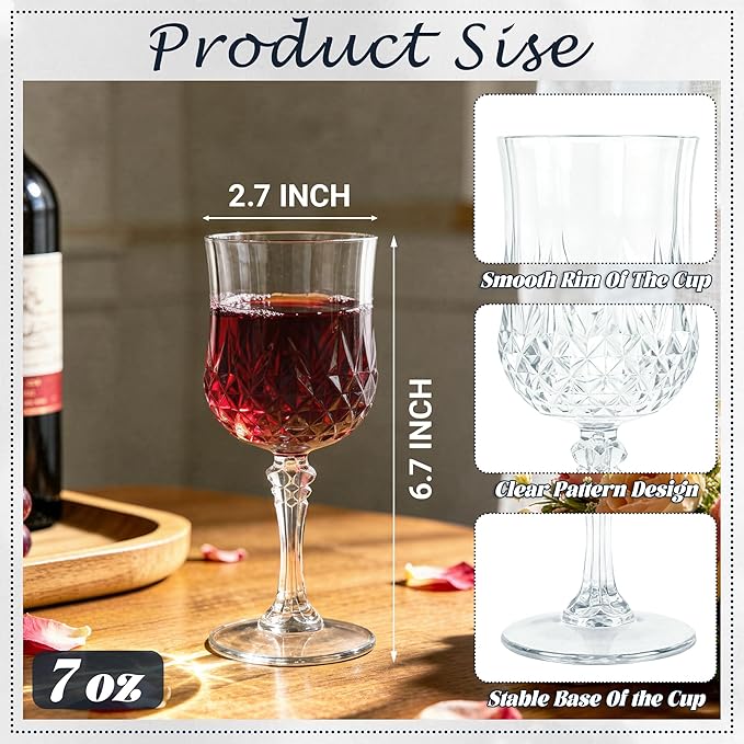 24Pack Plastic Wine Glasses, 7oz Vintage Goblets for Wedding | Unbreakable Crystal Style Reusable Stemware, Elegant Clear Drinking Glass for Party Anniversary & Holiday Celebration