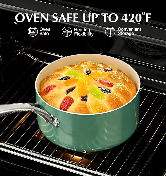 KOCH SYSTEME CS 1 Quart Saucepan with Lid, Nonstick Small Sauce Pan with Lid, PFAS-FREE Ceramic Saucepan for Healthy Cooking, Small Cooking Pots For Home Kitchen, Green