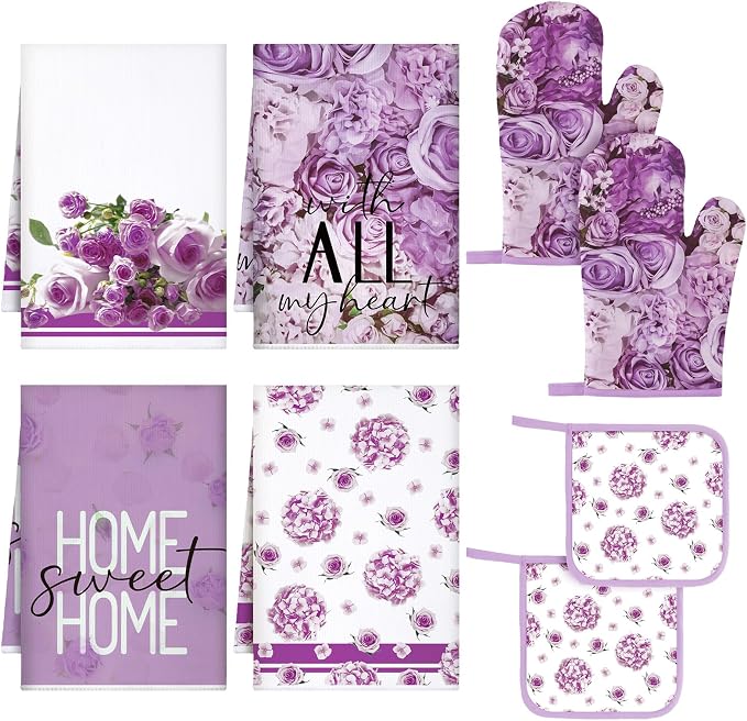 Leinuosen 8 Pcs Purple Rose Kitchen Towels and Dishcloths Sets Pot Holders and Oven Mitts Sets Absorbent Kitchen Gloves Potholders Heat Resistant for Chef Baking Cooking