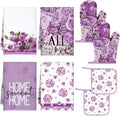 Leinuosen 8 Pcs Purple Rose Kitchen Towels and Dishcloths Sets Pot Holders and Oven Mitts Sets Absorbent Kitchen Gloves Potholders Heat Resistant for Chef Baking Cooking
