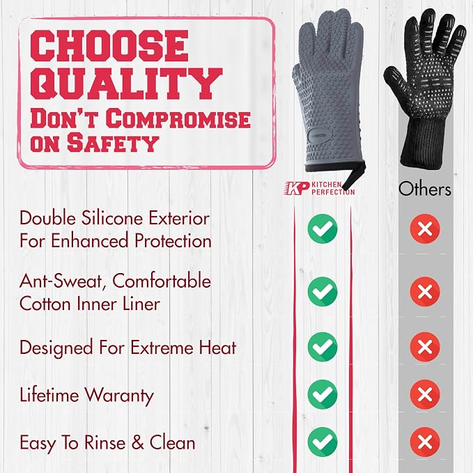 KITCHEN PERFECTION S Silicone Smoker BBQ Gloves - Heat Resistant Oven Mitts | Made For Women, Waterproof, 5-Finger Design For A Better Grip, For Meat Smoking, Grilling, Cooking, Frying Turkey, Grill Gift