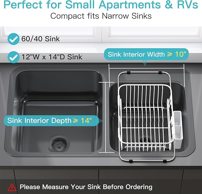 JASIWAY White Dish Drying Rack in Sink with Utensil Holder, RV, Apartment | Over Sink Expandable Stainless Steel Dish Drainers for Compact Kitchen, Space Saving, Fast Drain, Rustproof, For 1-2 people