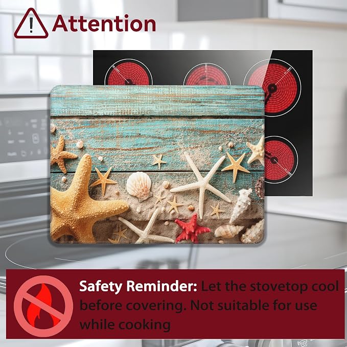 Beach Seashell Starfish Electric Stove Top Cover Protector,Blue Wooden Glass Flat Top Stove Mat,Heat-Resistant Oven Induction Cooktop Mat for Ceramic Countertop Mats Dish Drying Mat