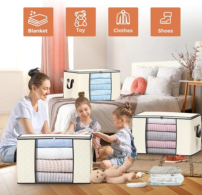90L Large Storage Bags, 4 Pack Clothes Storage Bins Closet Organizers | Foldable Storage Containers, with Reinforced Handle, for Clothing, Blanket, Comforters, Bed Sheets, Pillows and Toys