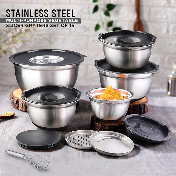 Premium Brushed Stainless Steel Mixing Bowls Sets, Easy To Clean, Space Saving, Great for Cooking, Baking, Prepping Needs 0.25qt, 1qt, 1.5qt, 3qt, 5qt (9 pc Anti Slip with Lid and Graters)