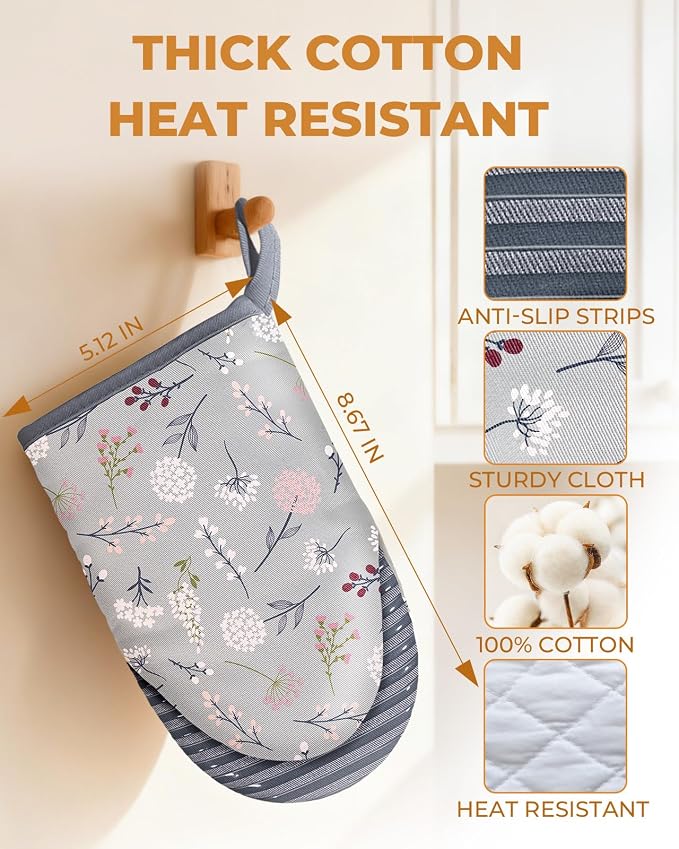 100% Thick Cotton Mini Oven Mitts Silicone Grip Grey Floral | Elegant Classic Oven Mitts for Women, Machine Washable, Non-Slip, Reversible Design Fits Both Hands, Stylish Kitchen Decor