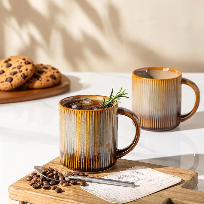 theterra Ceramic Coffee Mugs Set of 6, 14.2 oz Coffee Cups with Handle | Handmade, Suitable for Latte, Tea, Milk, Beer & Hot Cocoa, Creamy Amber