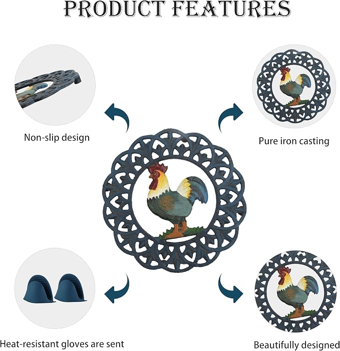 Cast Iron Rooster Trivet for Hot Dishes | Heat Resistant Metal, Rubber Pegs, 2 Pinch Mitts Included, Protects Countertop