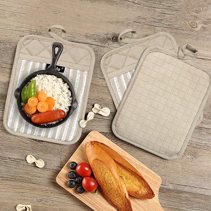 Alselo Silicone Pot Holders Set of 3 Heat Resistant & Non Slip Potholders | Professional Oven Hot Pads with Pockets Mitts for Kitchen Cooking Baking Barbecue (Khaki, 3)