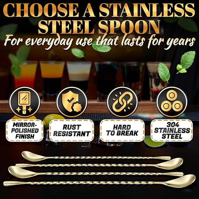 Gold Bar Spoon Set of 4, 12 Inch, Stainless Steel, Spiral-Pattern Stem | Gold Coffee Spoons; Rust-Resistant, Dishwasher Safe; for Cocktails, Smoothies, Iced Coffee, and Floats; Sugar Spoon