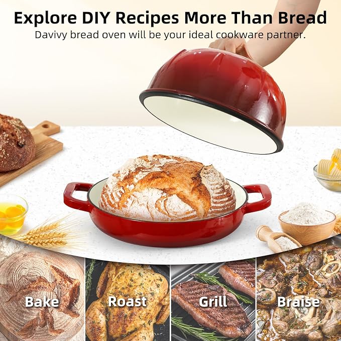 Davivy Enameled Cast Iron Sourdough Dutch Oven, 5QT Dutch Oven for Sourdough Bread, Round Cast Iron Bread Pan Bread Cloche - Cherry Red