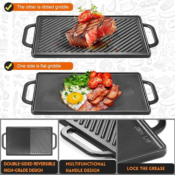 GGC Cast Iron Reversible Griddle | Double Sided Griddle Pan Perfect for Gas Grills and Stove Tops, 13 x 8.25 Rectangular Baking Flat and Ribbed Griddle Plate