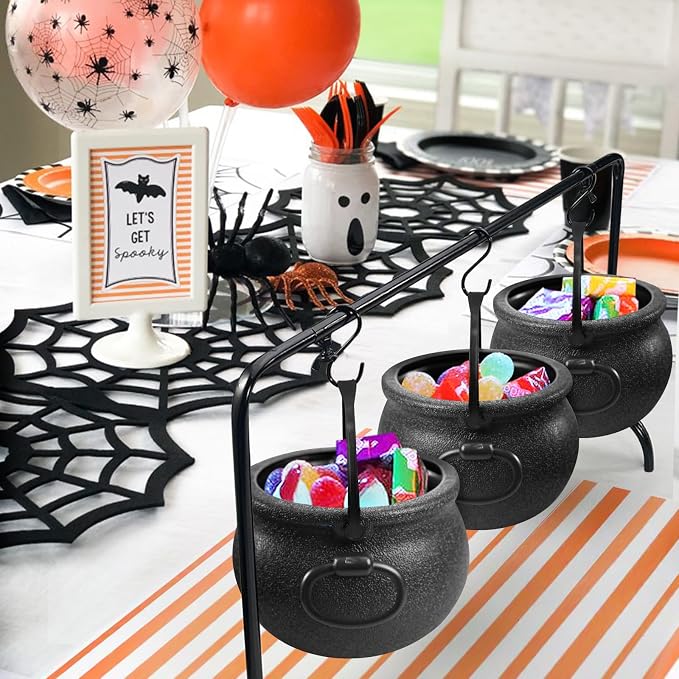Halloween Decorations Indoor, 3 Pack Witches Cauldron Serving Bowls on Rack | Halloween Party Decorations Halloween Candy Bowl Black Plastic Cauldron for Home Kitchen Decor