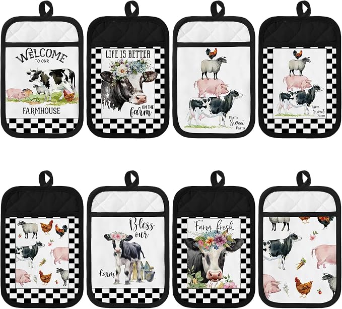 8 Pcs Pot Holders with Pocket Farmhouse Kitchen Decoration Farm Animal Cute Heat Resistant Potholders Hot Pad Oven Mitts Cookie Bag Oven Gloves for Kitchen Decorations Baking Cooking Gifts