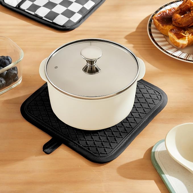 Ohocut Checkered Pot Holder, Black and White Checkerboard Potholders for Kitchen, Silicone Pot Holders with Pocket for Kitchen Clearance 2 Pack Set, Hot Pads and Oven Mitts for Cooking Baking