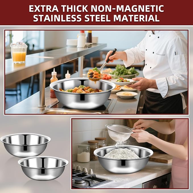 6 Pcs Stainless Steel Mixing Bowls Metal Mixing Bowls Extra Large Basin Salad Bowl with Deeper Edge, Dishwasher Safe, Mirror Finish for Home and Commercial, Silver (16 Inch 13 Qt)