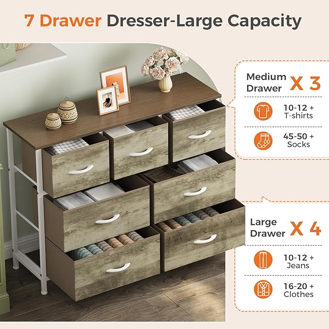 Sweetcrispy 7 Drawer Dresser for Bedroom Storage with Fabric Bins, Oak | Anti-Tip Closet Organizer, Wooden Top and Sturdy Steel Frame, Spacious Drawers for Clothes Storage, Hallway Entryway