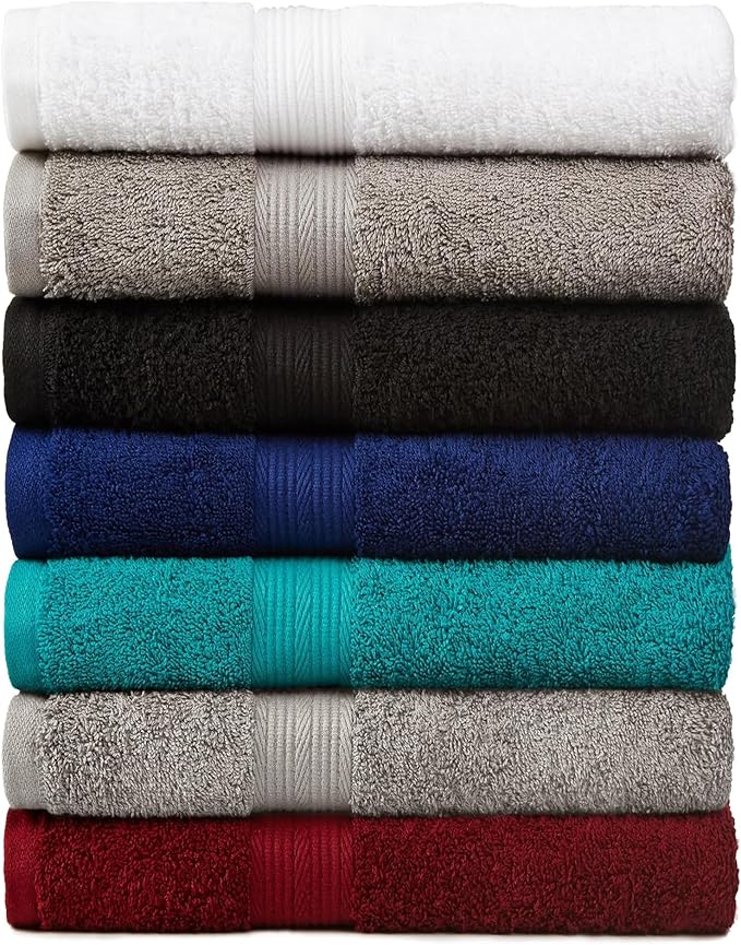 Amazon Basics 6-Piece Fade-Resistant 100% Cotton Towel Set for Bathroom, Soft and Absorbent, 2 Bath Towels, 2 Hand Towels, 2 Washcloths, Gray