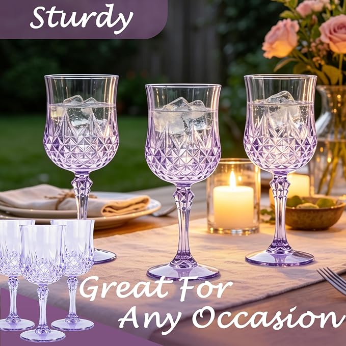 48Pack Plastic Wine Glasses, 7oz Vintage Goblets for Wedding | Unbreakable Crystal Style Reusable Stemware, Elegant Purple Drinking Glass for Party Anniversary & Holiday Celebration