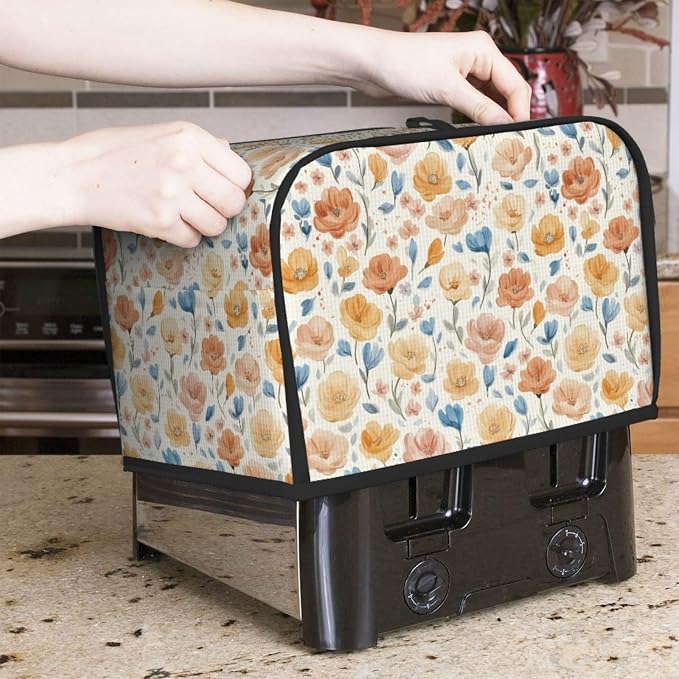 2 Slice Toaster Cover Flower Pattern Vintage Dust Proof Washable Kitchen Appliance Cover with Pocket, Oxford Fabric Countertop Toaster Protector for Standard Toasters Small Appliances