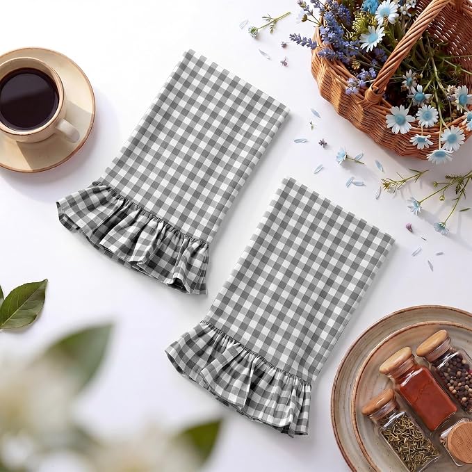HunnmingRe 2 Pcs Gray Gingham Kitchen Towels Cotton Ruffled | Checked Dish Towels 18"x28" Tea Cloths Plaid Cottage Core Kitchen Decor for Farmhouse Charm Drying Dishes Entertaining Guests