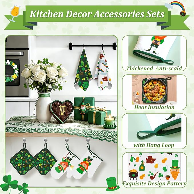 8 PCS St Green Kitchen Decor Sets Irish Leprechaun Shamrock Clover 4 Kitchen Dish Towels 2 Pot Holders 2 Oven Mitt Green Decoration Accessories for Cooking Baking Home Camp Spring