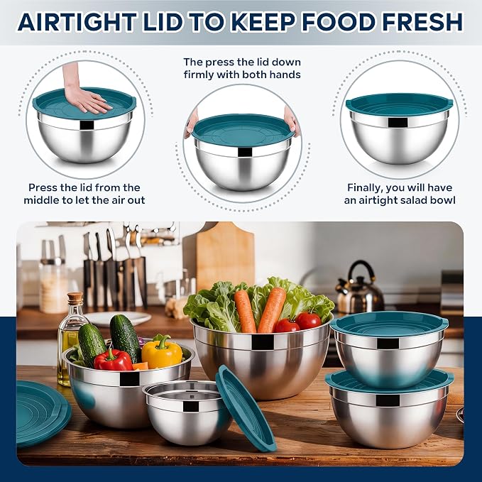 E-far Mixing Bowls with Lids Set, Stainless Steel Cooking Salad Bowls, Blue | 10-Piece Metal Nesting Bowls with Airtight Lid for Kitchen Storage, Baking & Prepping, Dishwasher Safe, 0.7/1.5/2.1/3/4.6 QT
