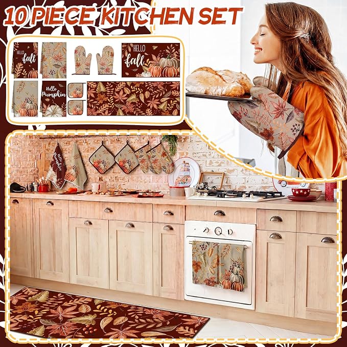 Fourluoo 10 Pcs Kitchen Dish Towels Rugs Oven Mitts and Pot Holders Set Farmhouse Kitchen Decor Set for Women Mom Daughter Gift Cooking Baking Grilling(Antique Color,Maple Leaf, Pumpkin)