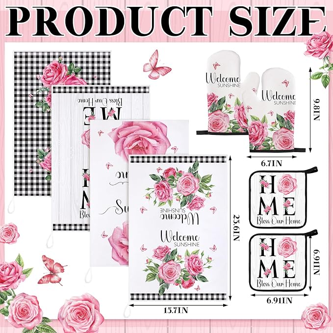 Leinuosen 8 Pcs Pink Rose Kitchen Towels and Dishcloths Sets Pot Holders and Oven Mitts Sets Absorbent Kitchen Gloves Potholders Heat Resistant for Chef Baking Cooking