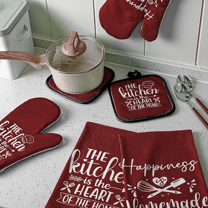 Sratte 6 Pcs Kitchen Decor Accessories Set, Kitchen, Wine Red | Farmhouse Kitchen Towels Pot Holders Oven Mitts Set 2 Dish Towels 2 Potholders 2 Cooking Mittens for Baking Cooking Supply