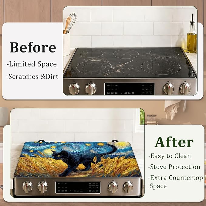 Black Cat Stove Top Cover for Electric Stove 28.5"x 20.5",Starry Night Heat Resistant Glass Top Stove Cover Protector,Glass Cooktop Covers,Kitchen Flat Electric Stove Top Covers