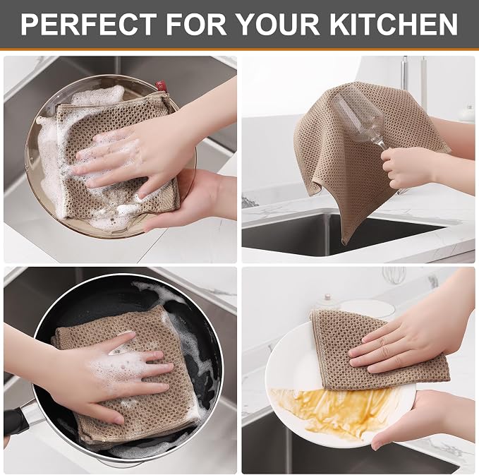 Kitinjoy 100% Cotton Waffle 8-Pack Kitchen Towels, 12" x 12", Tan | Ultra Absorbent, Super Soft, lightweight, Quick Drying Dish Rags for Washing Dishes
