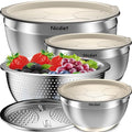 Nicdiet Mixing Bowls with Airtight Lids, Stainless Steel Mixing Bowl Set with 3 Metal Nesting Bowls, Colander & Grater, Non-Slip Bottoms, Size 1.5, 2.5, 5 QT, Great for Mixing & Serving, Khaki