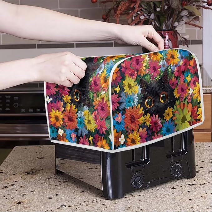 Cat Floral Print Toaster Cover 2 Slice Long Slot, Non Slip Bread Cover Dust Protection, Washable Toaster Accessories