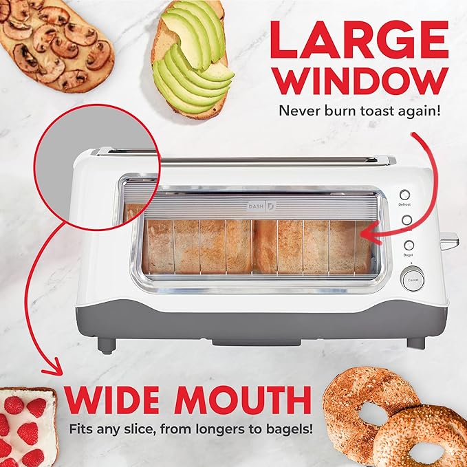 Dash Clear View Toaster | 10" Long Slot 2 Slice Toaster with See-Through Glass Window, 7 Browning Levels, Bagel, Defrost & Reheat Functions, Removable Glass Panel, Crumb Tray, White