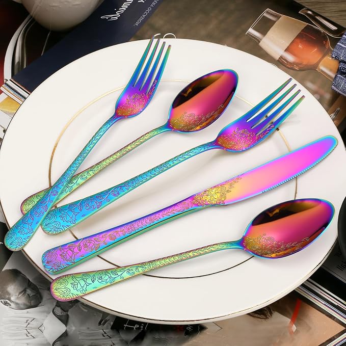 Embossed Flatware Set Rainbow 30 Piece Stainless Steel Silverware for 6 Cutlery with Floral Design Eating Utensils for Weddings Parties Festival and Restaurants Kitchen Daily Use