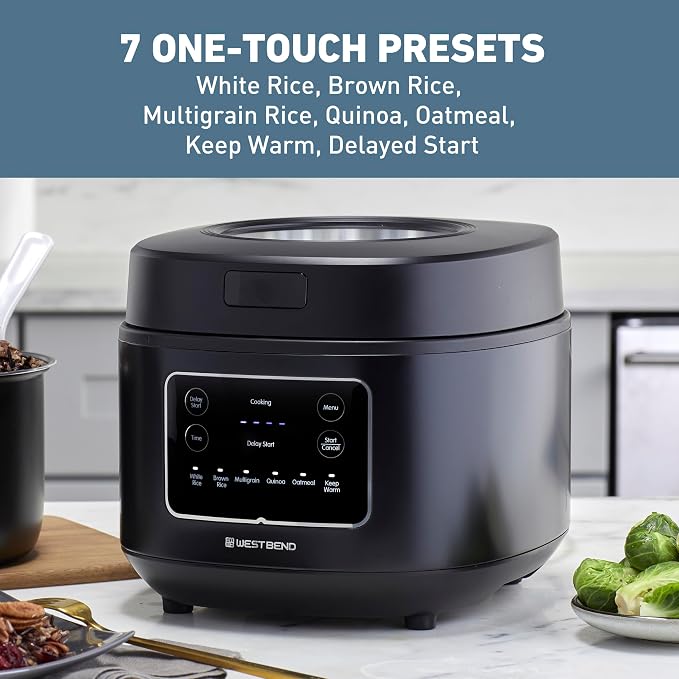 West Bend Programmable Rice & Grain Cooker with 7 Preset Functions, Includes Delay Start and Keep Warm, Features Easy View Window & Steam Basket, 12 Cups Cooked (6 Uncooked), Black