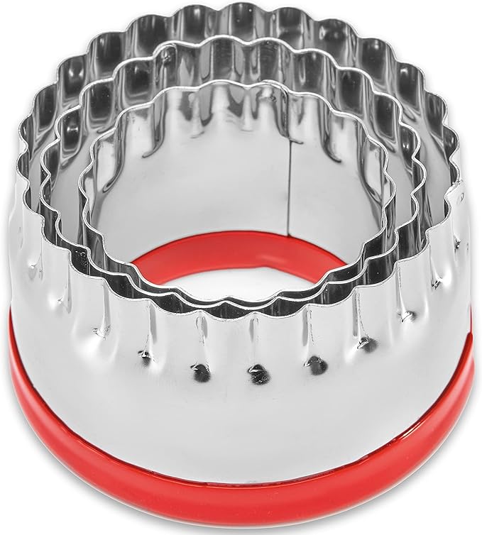 3Pcs Fluted Round Cookie Cutters - 2" & 2.6" & 3", Heavy Duty Food-Grade Stainless Steel, Mini Biscuit Cutter, Unique Design with Protective Red Top PVC