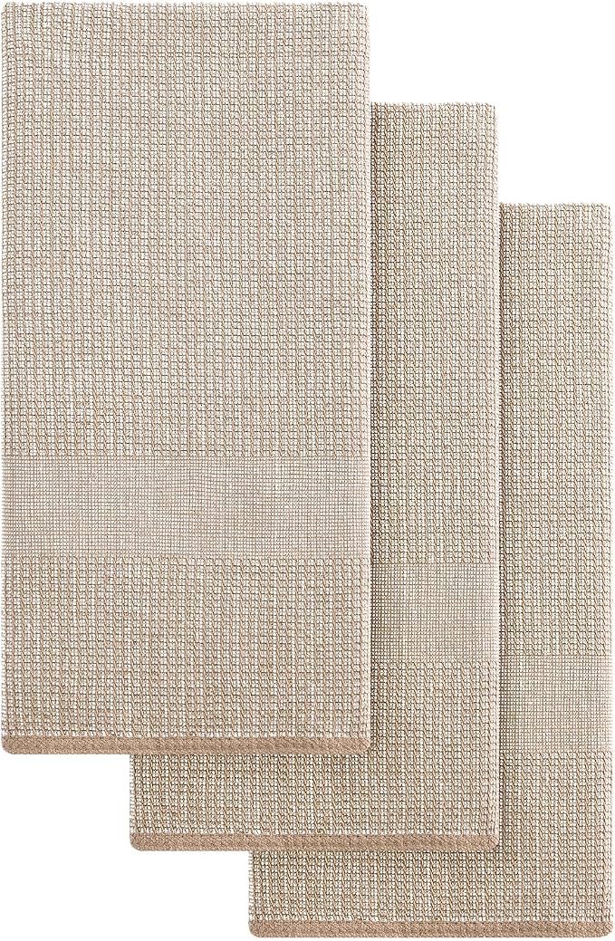 Mordimy Premium Large Cotton Kitchen Towels (18"x 28", 3 Pack), Khaki | 100% Ring Spun Cotton, Super Absorbent, 380 GSM, Flat & Terry, Soft, Hanging Loop Dish Towels