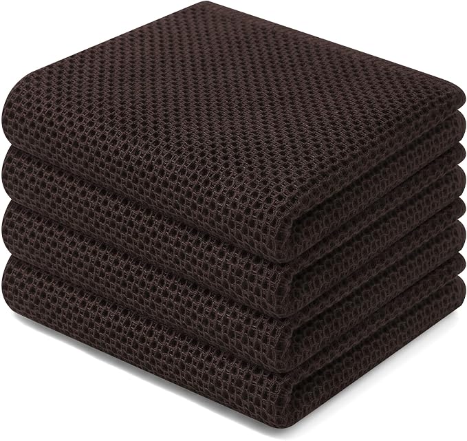 Homaxy 100% Cotton Waffle Weave Kitchen Dish Towels 4-Pack, Dark Brown | 13 x 28 Inches, Ultra Soft Absorbent Dish Towels, Quick Drying Cleaning Towels