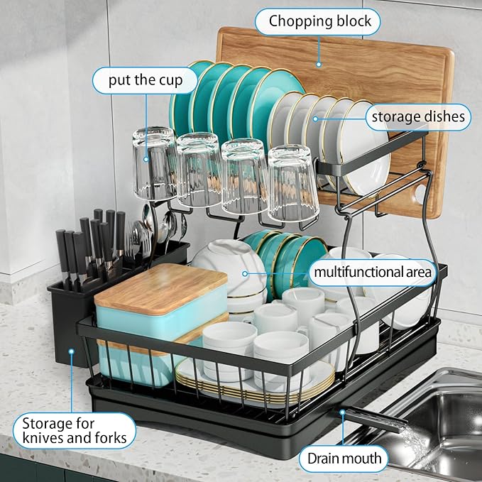 7 code 2-Tier Large Dish Drying Rack for Kitchen Counter, Black | Detachable Large Capacity Dish Drainer Organizer with Auto Drain, Anti-Rust Dish Rack with Cup & Utensil Holders