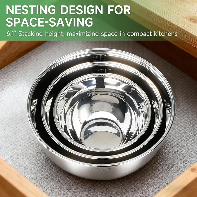 Mixing Bowls with Clear Airtight Lids, 3-Piece Stainless Steel Set, Pink | Silicone Vent Plug, Secure Seal Design, 1.5/3/5 QT, Dishwasher-Safe Lids, Non-Slip Base, Measurement Marks, Nesting Design
