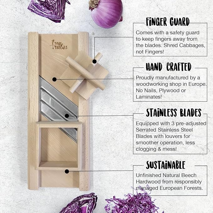 Compact Wooden Cabbage Shredder Slicer with Hand Guard for Finely Cut Sauerkraut and Coleslaw - Natural Unfinished Beech Hardwood with Stainless Steel Blades