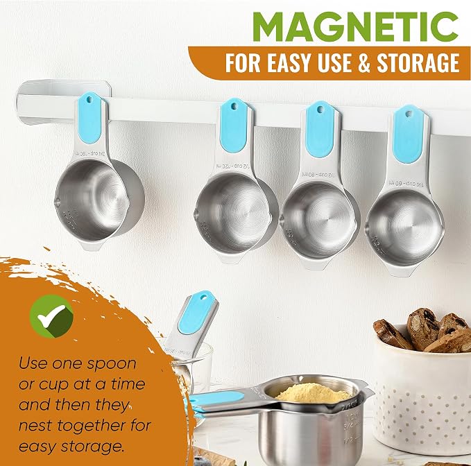 Spring Chef Magnetic Measuring Cups & Spoons Set of 15, Patented, Aqua Sky | Stackable Stainless Steel Measuring Cups & Heavy Duty Metal Measuring Spoons with Levelers for Dry & Liquid Ingredients