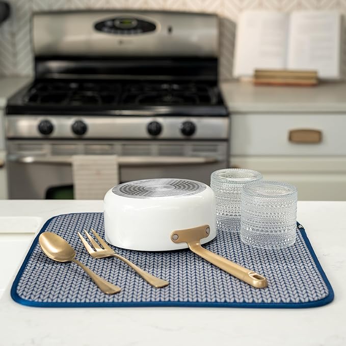 S&T INC. Dish Drying Mat, 16" x 18", Large, Blue Stockinette | Absorbent Microfiber, Kitchen Counter Mat for Dishes, Utensils, Pots and Pans, Machine Washable