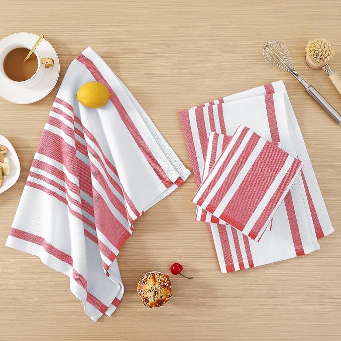 Homaxy Premium Cotton Stripe Kitchen Towels 8 Pack, 18"x 28", Red | Large 380 GSM Kitchen Hand Towels, Soft Terry Dish Towels, Highly Absorbent Tea Towel Set with Hanging Loop