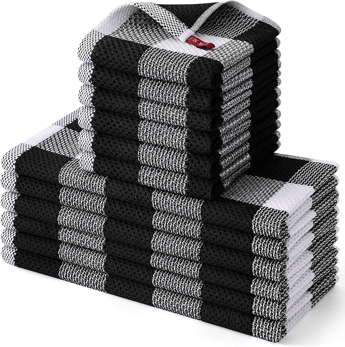 Homaxy Kitchen Towels and Dishcloths Set, Set of 12, White & Black | Bulk Cotton Waffle Weave Check Plaid Kitchen Towels, Super Soft and Absorbent Dish Cloths, 12 x 12 and 13 x 28 Inches