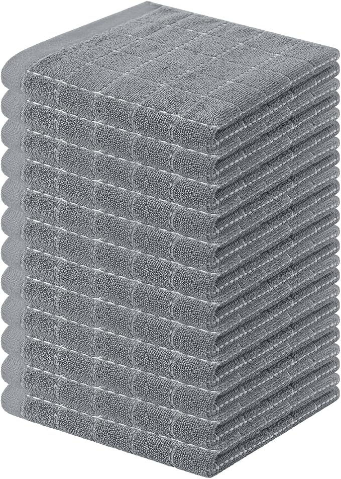 Homaxy 100% Cotton Terry Kitchen Towels, 12 Pack, Grey | Ultra Soft and Absorbent, Suitable for Drying and Washing Dishes