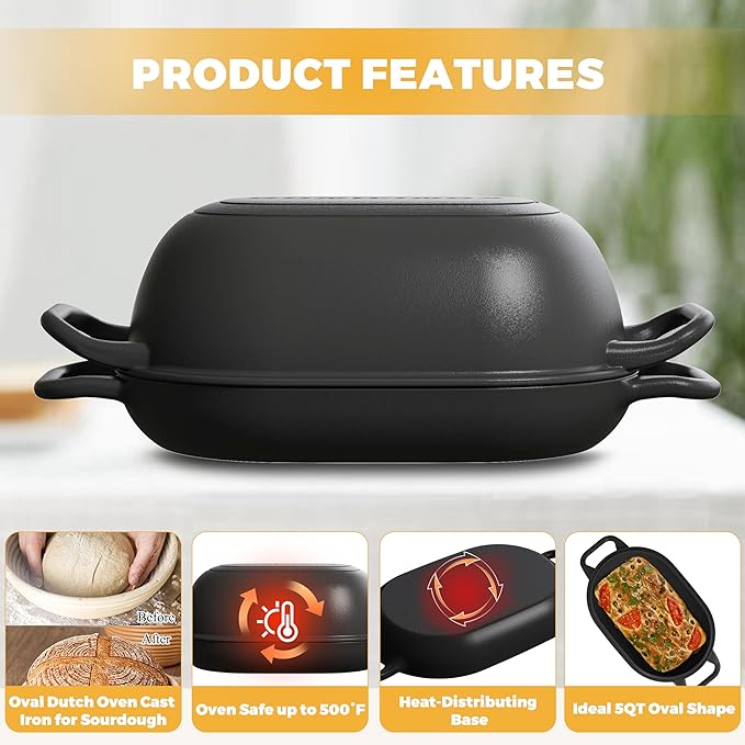12 x 8 Inch 5QT Oval Dutch Oven for Bread Baking, Cast Iron | Bread Oven with Lid for Sourdough Baking, Dutch Oven Bread Loaf Pan Creates Crispy Crust for Artisan Homemade Bread